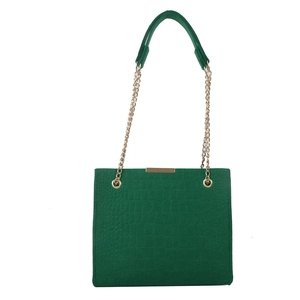 Green embossed crocodile pattern felt tote bag with gold chain strap and metal bar detail