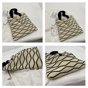 Multiple views of knit tote bag featuring black and beige wave patterns and broad straps
