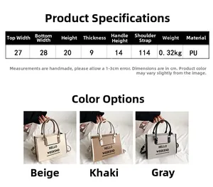 Tableau des tailles détaillé pour cabas minimaliste en toile avec dimensions et PU