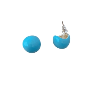 Glossy bright blue enamel puff stud earrings with 925 silver needles on white background