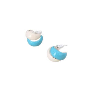 Chic two-tone enamel hoop earrings in cream white and sky blue with 925 silver needles