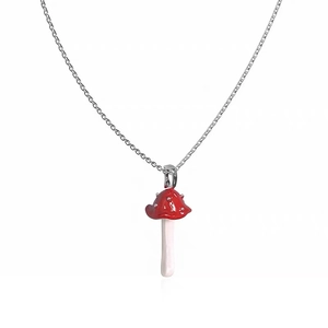 Baroque pearl mushroom pendant necklace with red and white enamel on a fine silver chain