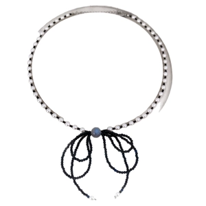 Collana girocollo vintage francese con perle e onice nera e ciondolo a fiocco in luna