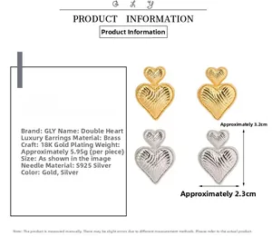 Detail of double heart earrings with 18K gold plating and S925 silver needles