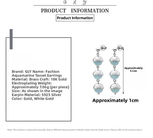 Size chart for vintage aquamarine tassel earrings with 5.1cm height and 1cm width detail