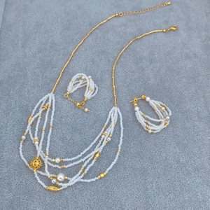 Gioielli Con Künstliche Perle Sintetiche Multistrato Stile Etnico Vintage Collana Orecchini E Anello Rame Placcato Oro