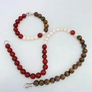 Tiger eye and red agate necklace with baroque pearls and silver S-hook clasp