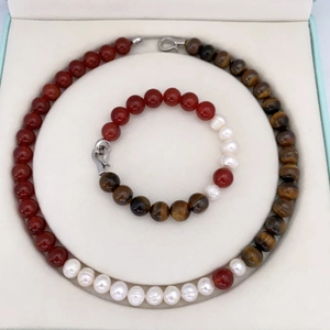 Baroque pearl necklace and bracelet set with red agate and tiger eye gemstones
