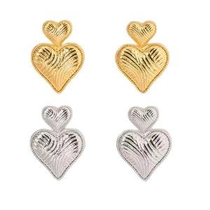 Abstract double heart stud earrings with textured finish in gold and silver plating