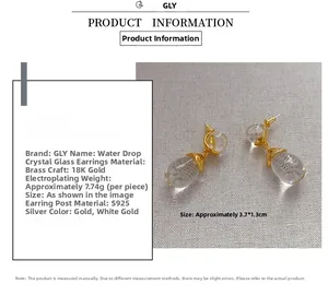 Detail showing 3.7x1.3cm crystal teardrop earrings with S925 silver needles and brass base