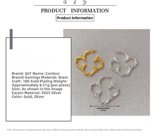 Detailed specs for twig-shaped 18K gold plated brass earrings with S925 silver pins