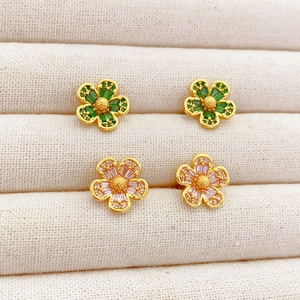 Flower Stud Earrings Brass Cubic Zirconia With 925 Sterling Silver Earring Post Small Fashionable Accessory For Women