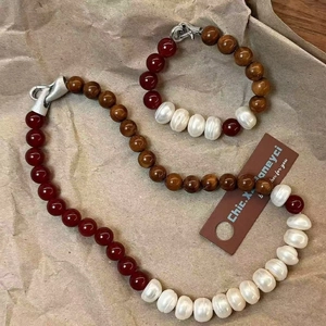 Natural Red Agate Tiger Eye Stone Artificial Baroque Pearl Handmade Necklace And Bracelet For Women Bohemian Elegant Jewelry