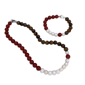 Baroque pearl jewelry set with red agate and tiger eye stones including necklace and bracelet