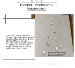Detail of silver water-drop pendant earrings and necklace set with dimensions and material
