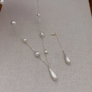 French style silver plated water drop pearl necklace and dangle earrings jewelry set