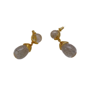 Elegant gold drop earrings featuring pear-shaped translucent crystals on white background