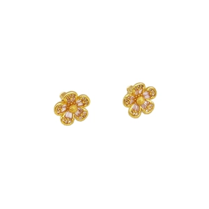 Floral S925 silver studs featuring gold petals and pink zircon crystals in a pair