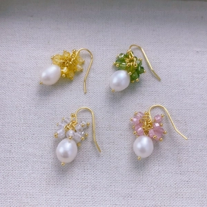 Handmade Cultured Artificial Pearl Crystal Beaded Dangle Earrings 18K Gold Plated Brass Pastoral Teardrop Elegant Jewelry Women