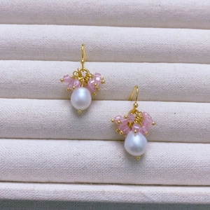 Pastoral style handmade drop earrings with pink crystals and white teardrop pearls