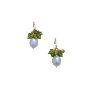 Handmade drop earrings with white freshwater pearls and green crystal beads in gold wire