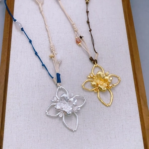 Hollow Flower Pendant Necklace Brass 18K Gold Plated Woven Rope Adjustable Long Sweater Chain Bohemian Vintage For Women