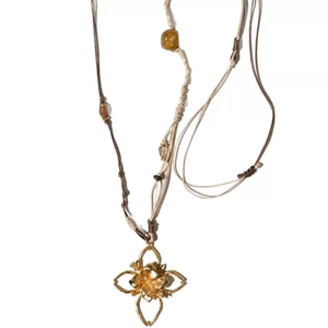 Long boho necklace with gold-plated hollow branch pendant and colorful beaded cord