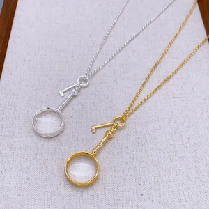 Vintage Brass 18K Gold Plated Magnifying Glass Key Pendant Necklace For Women Retro Long Sweater Chain Jewelry Gift