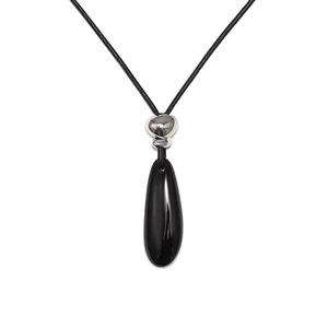 Minimalist black teardrop pendant necklace with silver wrap detail on a black cord
