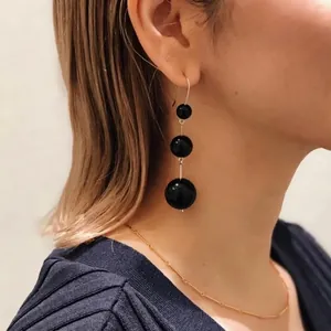 Elegant tiered black agate bead drop earrings with 7A grade gradient polished finish