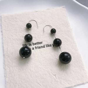 Black Agate Triple Bead Dangle Earrings 18K Gold Plated Brass Gradient Round Ball Drop Earrings For Women Elegant Niche