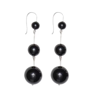 Elegant black agate bead drop earrings with silver hooks for a modern minimalist style
