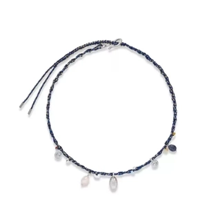 Handcrafted woven rope necklace with shell accents and colorful mineral stone pendants