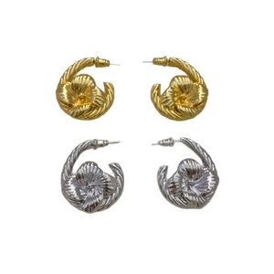 French vintage spiral floral C-shape earrings in gold and silver finish on white background