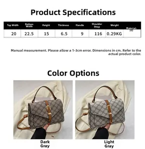 Size chart showing dimensions for vintage monogram crossbody bag with dual grey color options