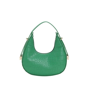 Green crocodile-embossed crescent handbag with elegant gold metal hook details