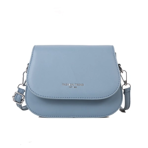 Sacoche selle bleu clair minimaliste pour femme avec texte argenté et bandoulière