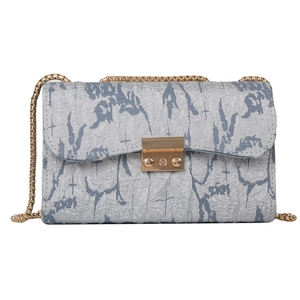 Blue pleated oxford fabric crossbody bag with gold chain strap and metal lock closure