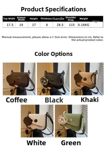 Size chart and dimensions for the retro PU leather saddle bag with 5 color options