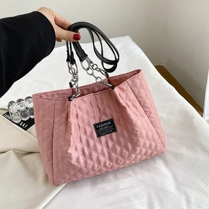 Women Quilted Rhombic Nylon Tote Bag Large Capacity Shoulder Bag With Metal Chain Strap Fashion Letter Label Casual Handbag