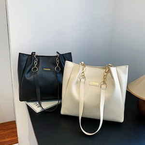 Minimalist large capacity tote bags in black and beige with lychee texture and metal chain