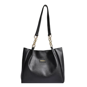 Classic black leather tote bag with fashion lettering and gold chain shoulder straps