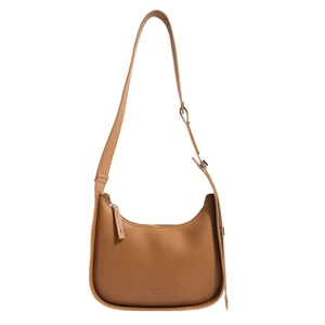 Caramel brown crescent hobo bag in matte synthetic leather with adjustable shoulder strap