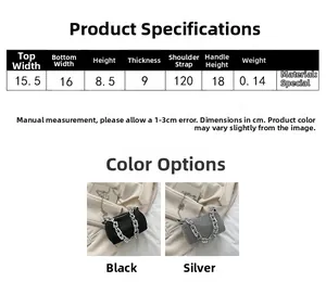 Size chart for rhinestone mini box bag showing dimensions and black or silver colors
