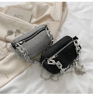 Women Rhinestone Shoulder Bag Cylindrical Underarm Bag Crystal Evening Handbag With Thick Metal Chain Fashion Purse