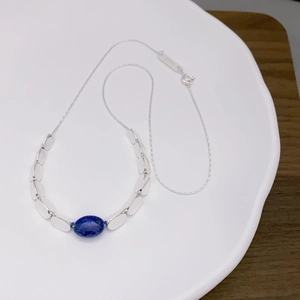 Collana Perline Lapislazzuli Pietra Blu Ovale Rame Argentato Gioielli Geometrici Minimalisti Per Donne