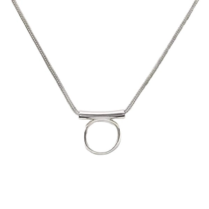 Minimalist silver necklace with geometric bar and ring pendant on snake chain