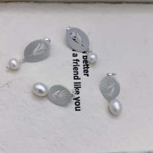 Brushed Oval Hollow Tulip Dandelion Drop Earrings With Cultured Artificial Pearl Copper 925 Sterling Silver Earring Post For Women