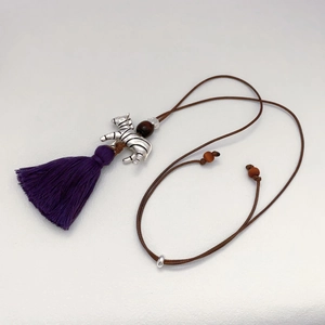 Zebra tassel long necklace with gold-plated metal pendant and purple silk fringe