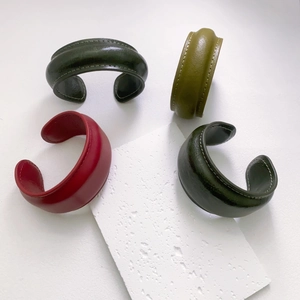 Retro genuine leather open cuff bracelets for women in red, dark green and olive colors